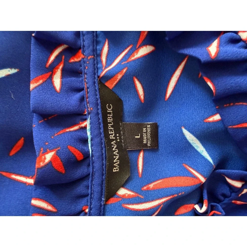 Banana Republic Blue Ruffle High Neck Puff Sleeve Abstract Leaf Print Blouse Top